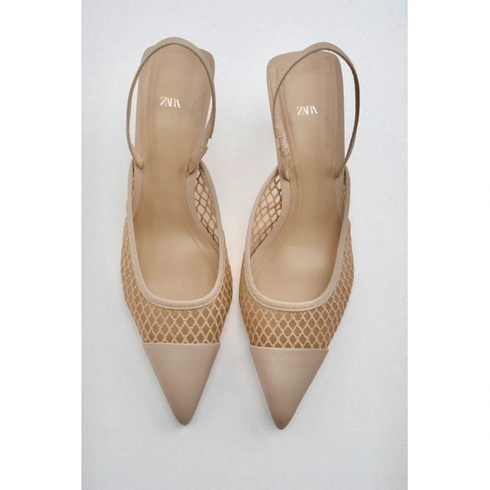 Zara NWT Mesh net detail pointed toe sling back heels size 40 - Picture 8 of 12
